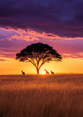 African Sunset with Giraffes
