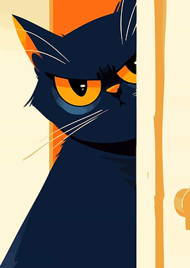Judgy Cat Peaking from Behind the Door Cute Minimalist Art