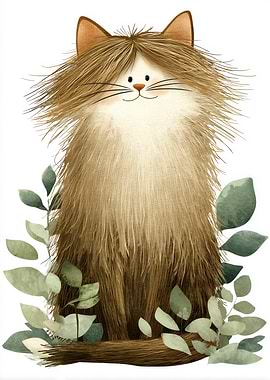 Fluffy Cat with Green Leaves