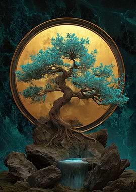 Stylized Bonsai Tree with Waterfall