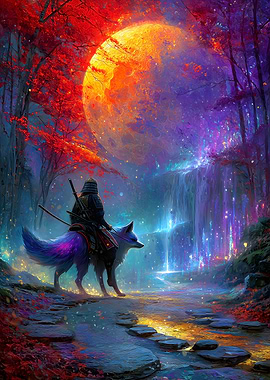 Samurai and Fox Under a Giant Moon