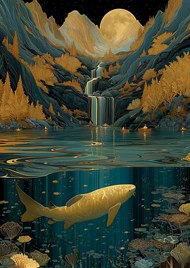 Golden Waterfall & Fish