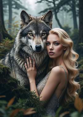 Grey Wolf and BlondeWoman in Forest