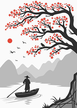 Japanese Landscape with Boatman