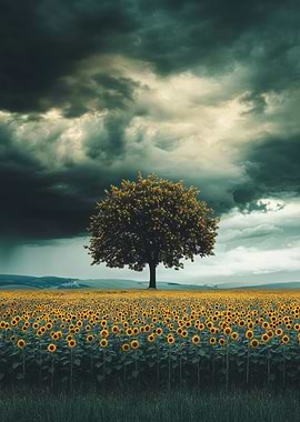 Lone Tree in Sunflower Field