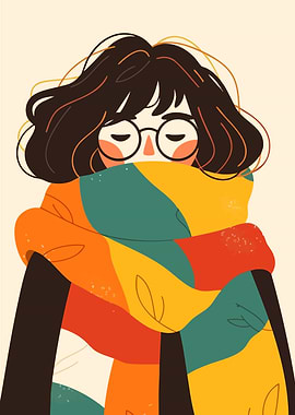 Autumn Girl in Colorful Scarf Minimalist Art Illustration