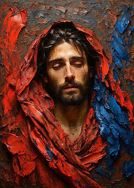 Jesus in Red and Blue Hood