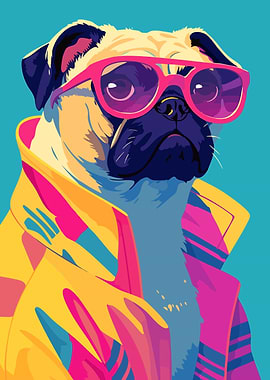 Retro Pug in Sunglasses Minimalist Art Illustration