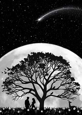 Silhouette Couple Under Full Moon