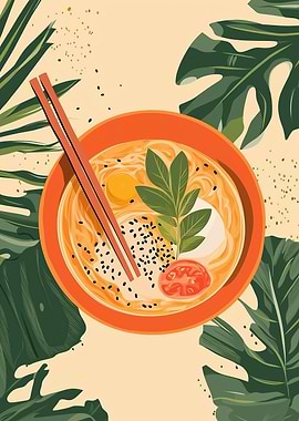 Ramen Bowl with Tropical Leaves