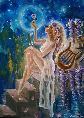 Sappho with Lyre Under Moonlight