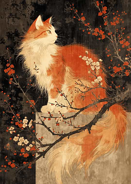 Vintage Art of a Japan Cat with Cherry Blossom