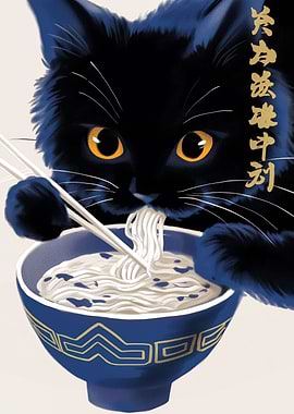 Black Cat Eating Noodles