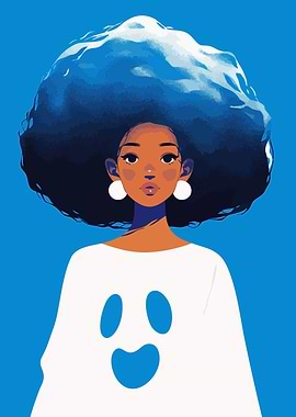 Blue Afro Hair Girl Abstract Minimalist Art Illustration