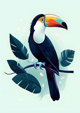 Toucan on Branch with Tropical Leaves
