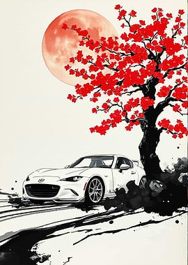 White Mazda MX-5 Under Cherry Blossoms