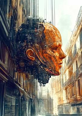 Echo of the Grid – Silent Authority - Cyberpunk Cityscape with Giant Head