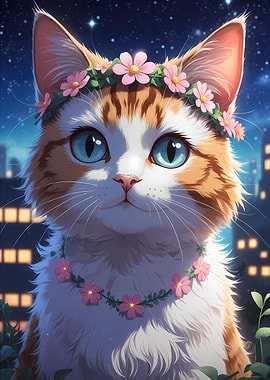 Floral Crown Cat - Cute Anime Style Fluffy Cat Portrait