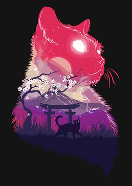 Cat Silhouette with Japanese Landscape