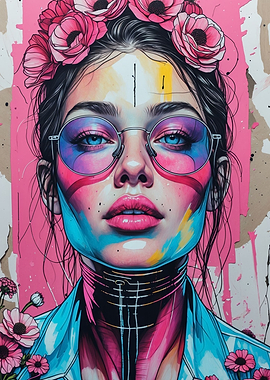 Retro Neon Floral Female Portrait