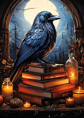 Magical raven and books