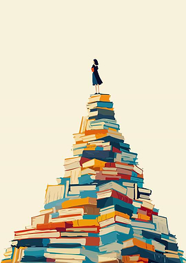 Girl on Books Inspirational Minimalist Art Illustration