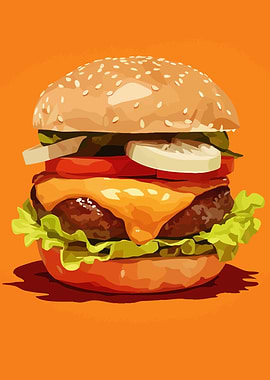 Juicy Cheeseburger Minimalist Food Art Illustration
