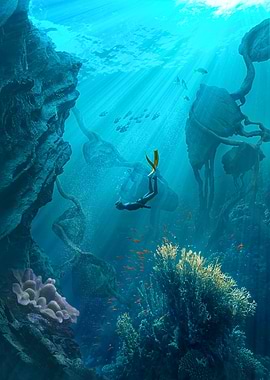Underwater Diver and Coral Reef