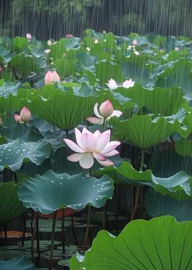 Lotus Flowers in Rain