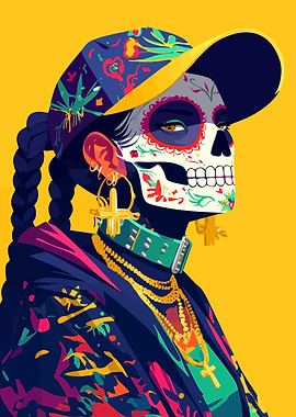 Mexican Sugar Skull Girl Fashion Minimalist Art Illustration