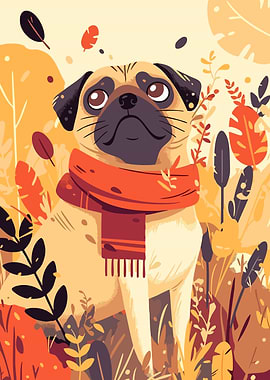 Cute Pug in Scarf and Autumn Leaves Minimalist Art Illustration