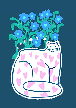 Cat with Hearts and Flowers