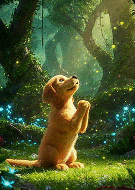 Golden Retriever in Enchanted Forest