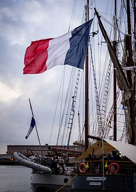French Tall Ship with Flag