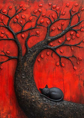 Sleeping Black Japan Cat Beneath Red Tree