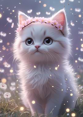 Kawaii White Kitten - Dreamy Anime Style Cute Cat with Flower Crown Portrait
