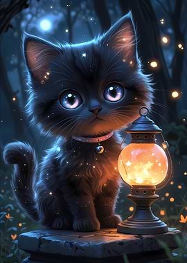 Enchanted Black Kitten - Cute Kawaii Anime Style Magical Cat Portrait