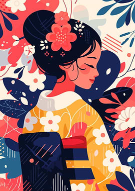 Floral Kimono Girl and Nature Minimalist Abstract Illustration Art
