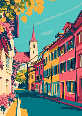 Beautiful Summer in Europe Travel Art Minimalist Illustration
