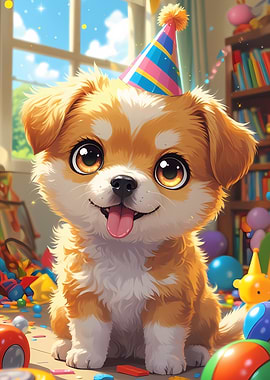 Cute Birthday Puppy - Kawaii Anime Party Dog Portrait
