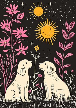 Two Cute Golden Retriever Puppies in Nature Minimalist Art Illustration