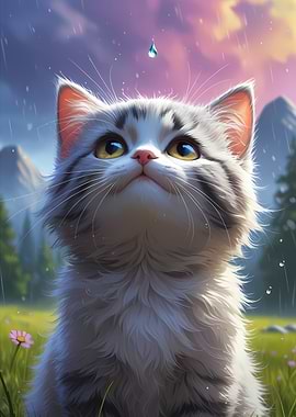 Kawaii Kitten in Rain - Fluffy Cute & Adorable Anime Style Cat Portrait