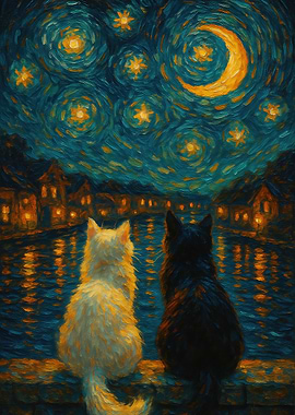 Starry Night and the Black and White Cats