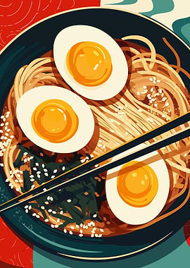 Udon Bowl with Eggs Minimalist Food Art Illustration