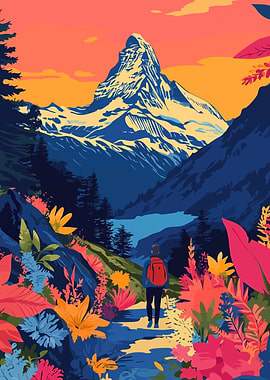 Hiking Towards Matterhorn Minimalist Nature Art Illustration