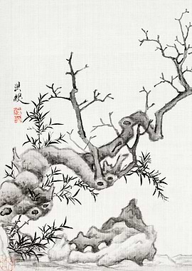Ink Wash Painting of Tree and Rocks