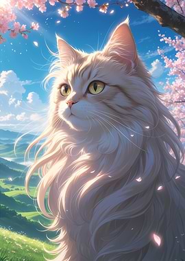 Majestic White Cat in Spring Bloom Cherry Blossoms - Beautiful Anime Style Cat Portrait