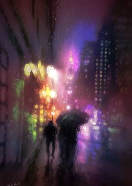 Rainy Cityscape at Night