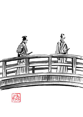 Samurai on Bridge Ink Painting