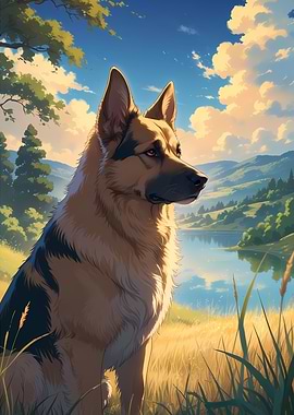 Majestic German Shepherd in Serene Landscape - Beautiful Anime Style Dog Portrait Art